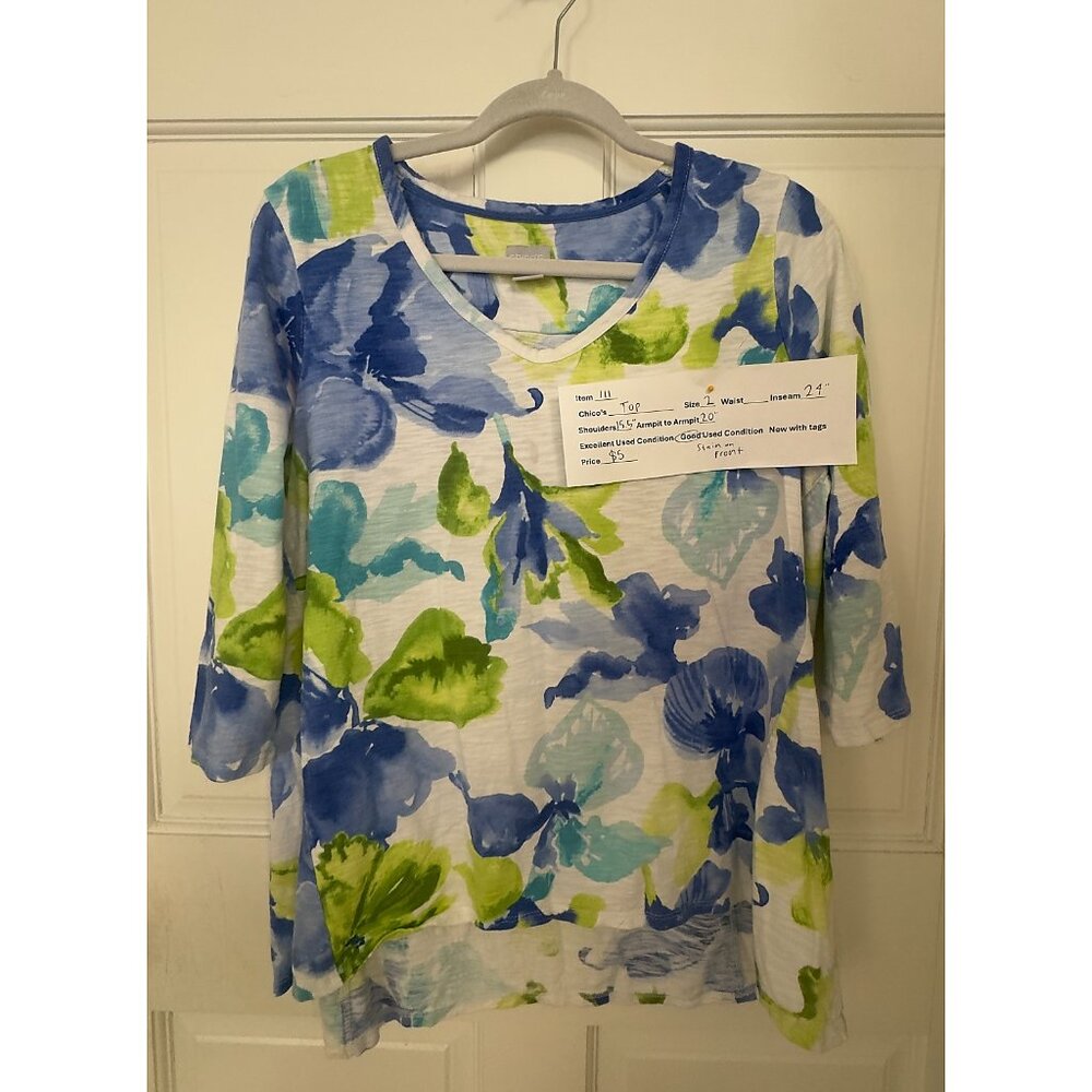Chico’s Blue Green Floral 3/4 Sleeve Top Size 2